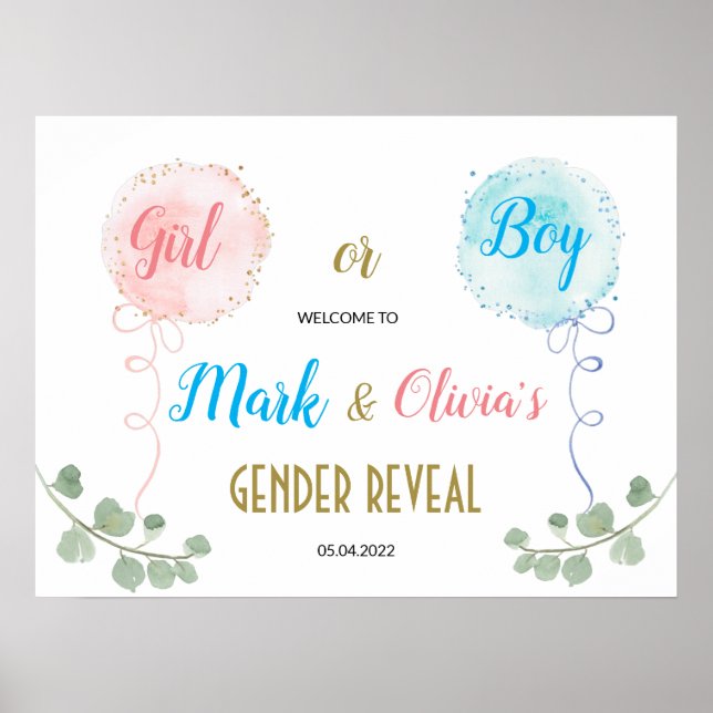 Balloons Watercolor Gender Reveal Welcome Poster (Front)