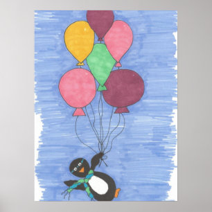 Balloons with Penguin Art Poster Print