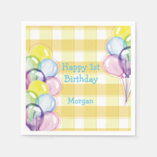 Balloons Yellow Check Personalised Birthday Napkin