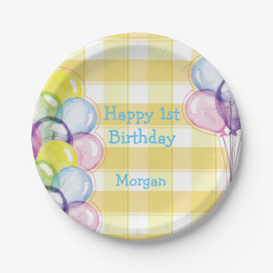 Balloons Yellow Check Personalised Birthday Paper Plate