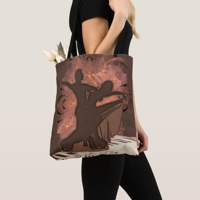 Ballroom Dancers on Piano Keys Brown Tote Bag (Close Up)