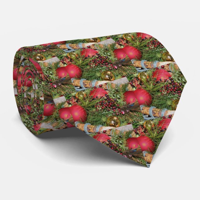 Balls Beads Evergreens Christmas Holiday Tie (Rolled)