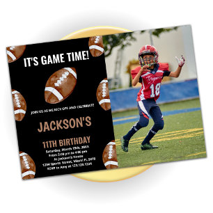 Balls Black Football Birthday Invitations w photo