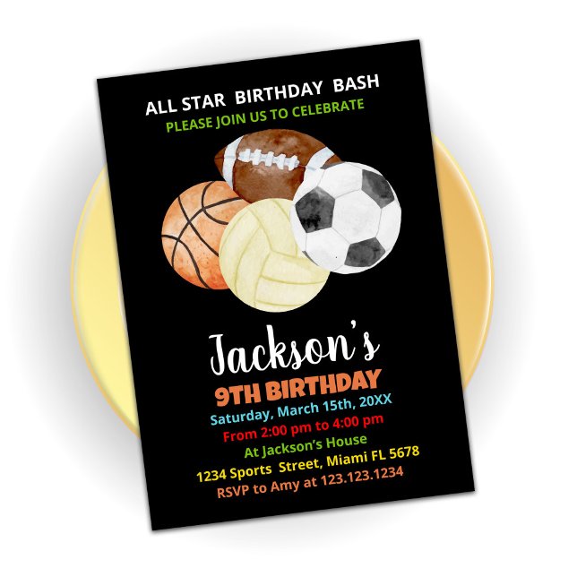 Balls Black Orange Sports Birthday Invitations (Creator Uploaded)