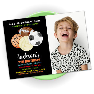 Balls Black Orange Sports Birthday with photo Invitation