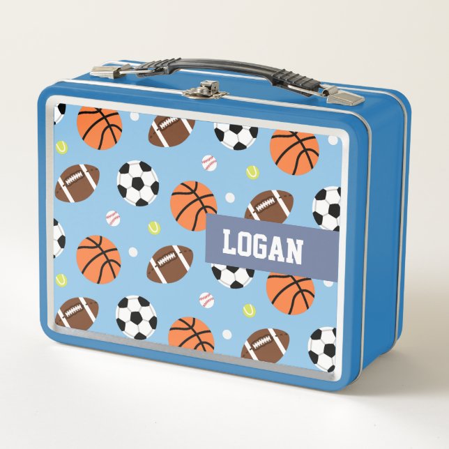 Balls Sports Themed Pattern Boys Personalised Metal Lunch Box (Front)