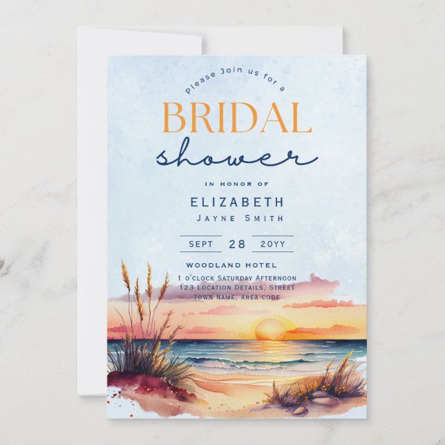 Balmy Days | Tropical Sunset Beach Bridal Shower Invitation (Front)