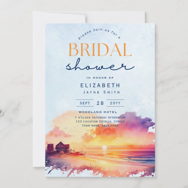 Balmy Days | Tropical Sunset Beach Bridal Shower Invitation (Front)