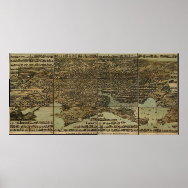 Baltimore Maryland 1870 Antique Panoramic Map Poster (Front)