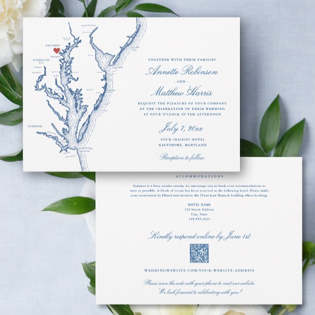 Baltimore Maryland all-in-one QR code RSVP Wedding Invitation (Baltimore Maryland Elegant QR Code RSVP all-in-one wedding invitation with elegant navy blue map )