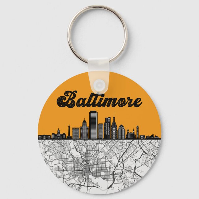 Baltimore Maryland City Skyline With Map Key Ring (Front)