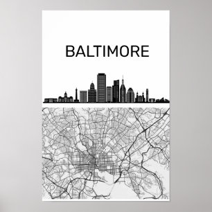 Baltimore Maryland City Skyline With Map Poster