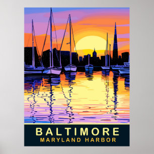 Baltimore, Maryland Harbour, Sunset, Travel Poster