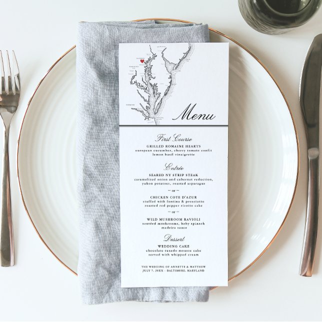 Baltimore Maryland Map Elegant Black White Wedding Menu (Baltimore MD Wedding Menu with Elegant black and white Chesapeake Bay map from Coastal Map Designs)