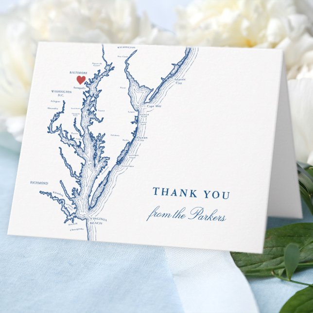 Baltimore Maryland Navy Blue Map Personalised Thank You Card (Baltimore Personalized Wedding thank you card in elegant navy blue from Coastal Map Designs)