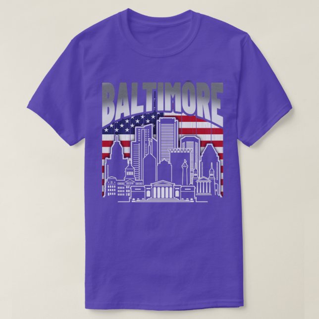Baltimore Maryland Skyline American Flag  T-Shirt (Design Front)