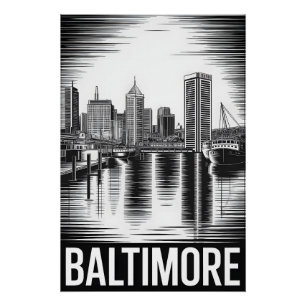 Baltimore Maryland Skyline Black White Woodcut Poster