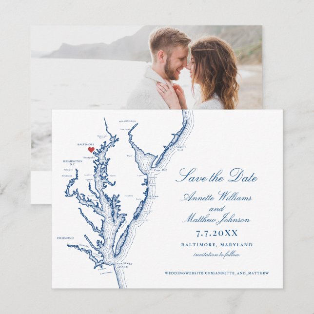 Baltimore Maryland Wedding Elegant Navy Map Save The Date (Front/Back)