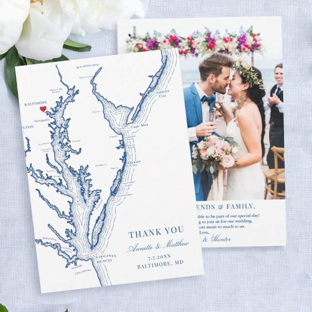 Baltimore Maryland Wedding Navy Blue Flat Thank You Card (These Baltimore Maryland wedding photo thank you cards are perfect for your Maryland wedding
)