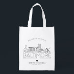 Baltimore, Maryland Wedding | Stylised Skyline Reusable Grocery Bag<br><div class="desc">A unique wedding bag for a wedding taking place in the beautiful city of Baltimore, Maryland. This bag features a stylised illustration of the city's unique skyline with its name underneath. This is followed by your wedding day information in a matching open-lined style. This item is part of a larger...</div>