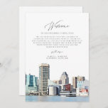 BALTIMORE MARYLAND Welcome Letter Timeline Card<br><div class="desc">This wedding welcome letter and timeline features a watercolor painting of the Baltimore, Maryland skyline. This timeline is the perfect addition to your tropical destination wedding welcome bags. Easily edit *most* wording on this timeline. Click 'click to customise further' in the personalisation section to open up the full editor. To...</div>