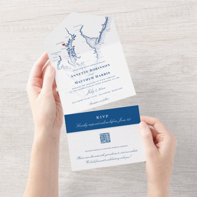 Baltimore MD Chesapeake Bay Map Navy Blue Wedding All In One Invitation (Tearaway)