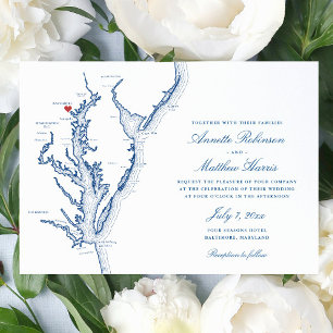 Baltimore MD Chesapeake Bay Map Navy Blue Wedding Invitation