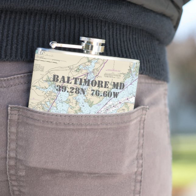 Baltimore MD Latitude Longitude Nautical Hip Flask (In Situ)