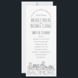Baltimore | Modern Deco Wedding Program Invitation<br><div class="desc">A deco skyline-themed wedding program for a wedding taking place in the beautiful city of Baltimore, Maryland. This wedding program card features a stylised illustration of the city's unique skyline with its name underneath. This is resting underneath your wedding day information in a matching open-lined style. On the reverse side...</div>