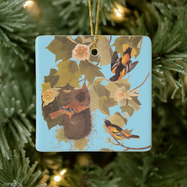 Baltimore Oriole Audubon Bird Family with Nest Ceramic Ornament (Tree)