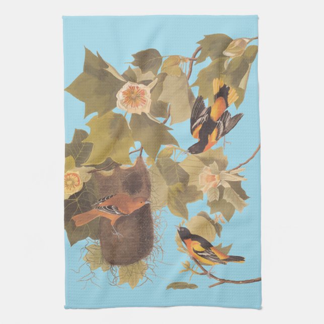Baltimore Oriole Audubon Bird Family with Nest Tea Towel (Vertical)