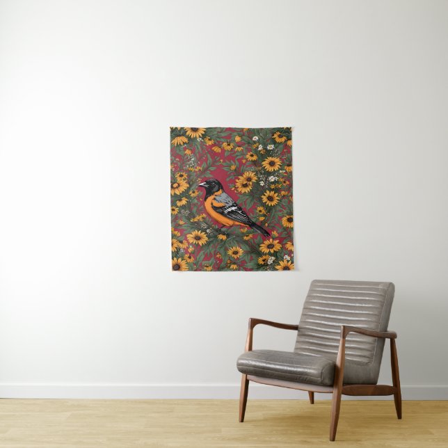 Baltimore Oriole Bird And Black Eyed Susan Flowers Tapestry (In Situ)