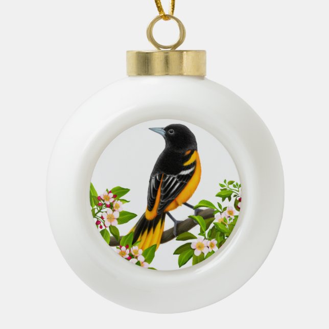 Baltimore Oriole Bird in Apple Blossoms Ornament (Front)