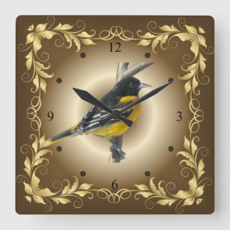 Baltimore Oriole ~ Golden Leaf Border ~ Brown/Tan~ Square Wall Clock