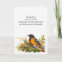 Baltimore Oriole Sympathy Thank You from Family