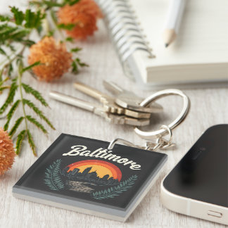 Baltimore Retro Skyline with Sunset Key Ring
