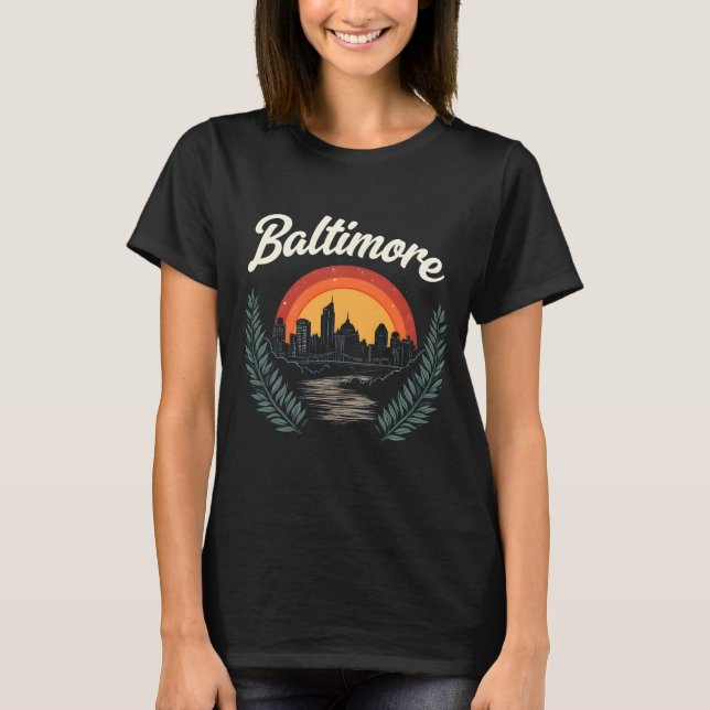 Baltimore Retro Skyline with Sunset  T-Shirt (Front)