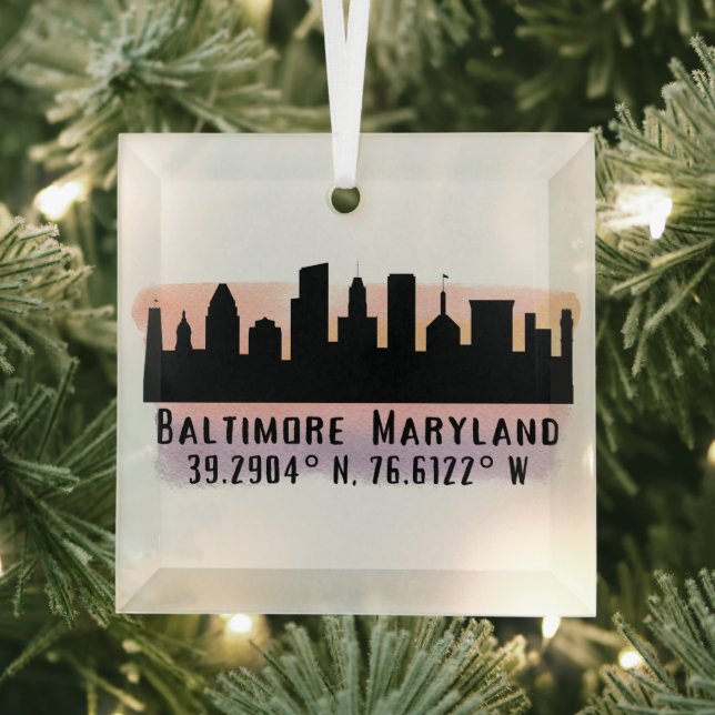 Baltimore Skyline Latitude and Longitude Glass Tree Decoration (Insitu)