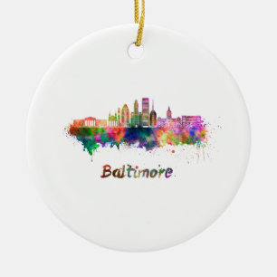 Baltimore V2 skyline in watercolor Ceramic Tree Decoration