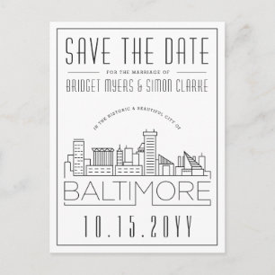 Baltimore Wedding   Stylised Skyline Save the Date Postcard