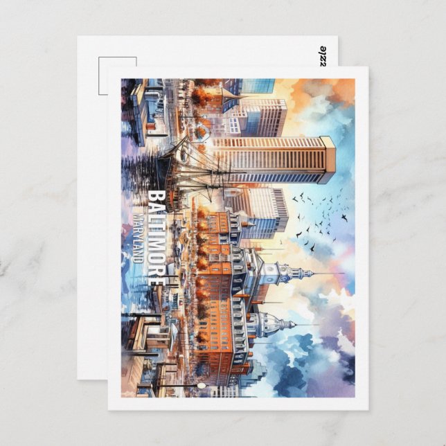 Baltymore Maryland USA Famous Place watercolor Postcard (Front/Back)