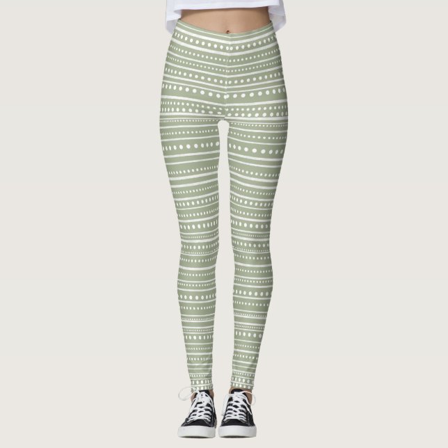 Bamanko Dotted Striped Mudcloth Pattern Sage Green Leggings (Front)