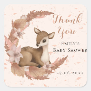 Bambi & Flowers Pastel Pink Baby Shower Thank You Square Sticker