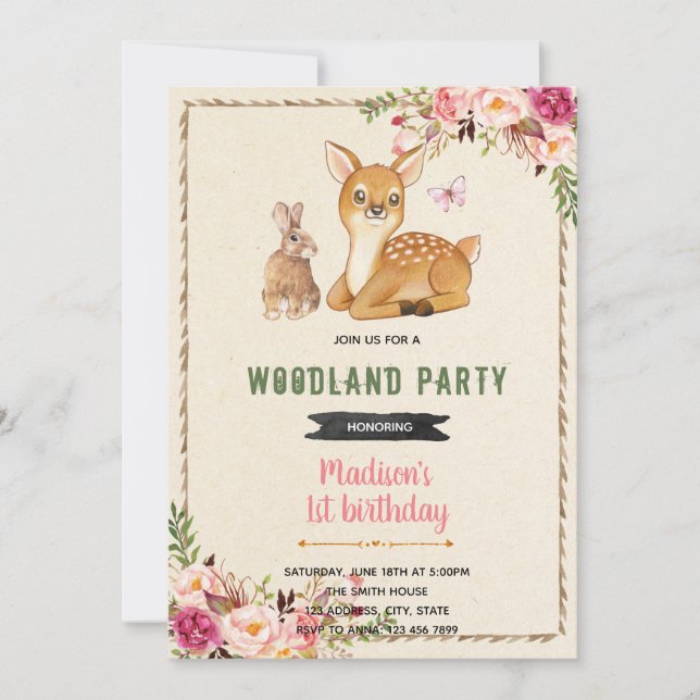 Bambi rabbit theme woodland deer theme invitation (Front)