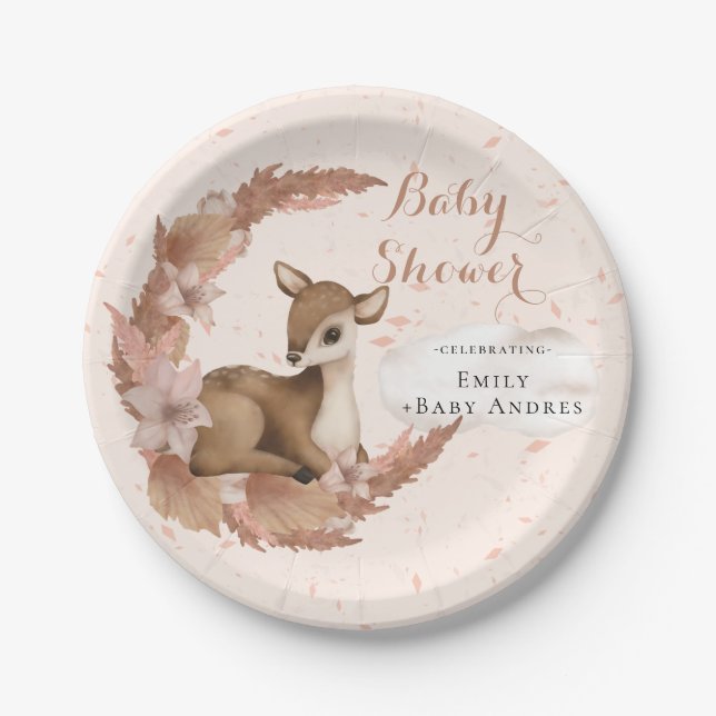 Bambi with Flowers Stars Cloud Baby Shower Paper P Paper Plate (Front)