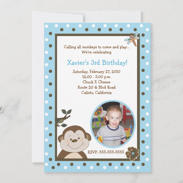 Bambino Monkey 5x7 Blue PHOTO Birthday Invitation (Front)
