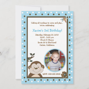 Bambino Monkey 5x7 Blue PHOTO Birthday Invitation