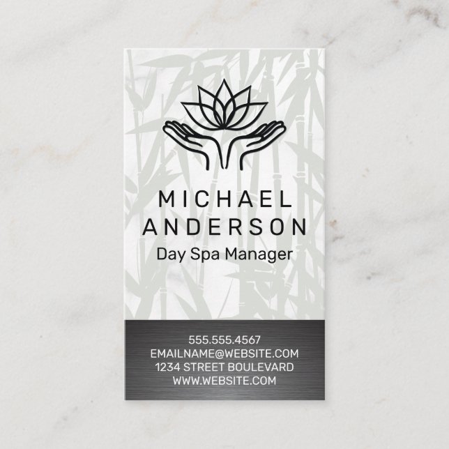 Bamboo Background | Healing Hands Lotus Icon Business Card (Front)
