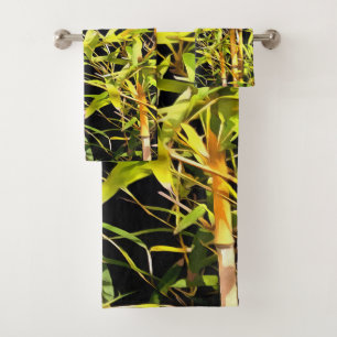 Bamboo Foliage Tropical Art On Black Bath Towel Set