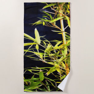 Bamboo Foliage Tropical Art On Black Beach Towel